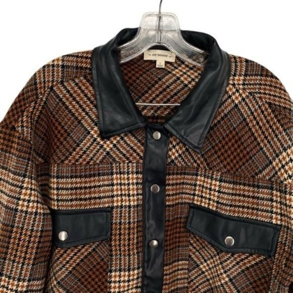 Ee:Some Houndstooth Plaid Shacket Jacket Faux Lea… - image 3